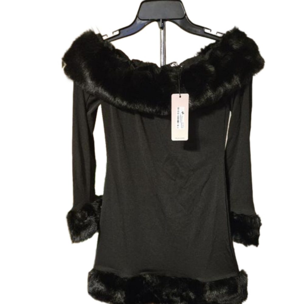 😎 Micas Faux Fur Trim Off Shoulder Midi Dress